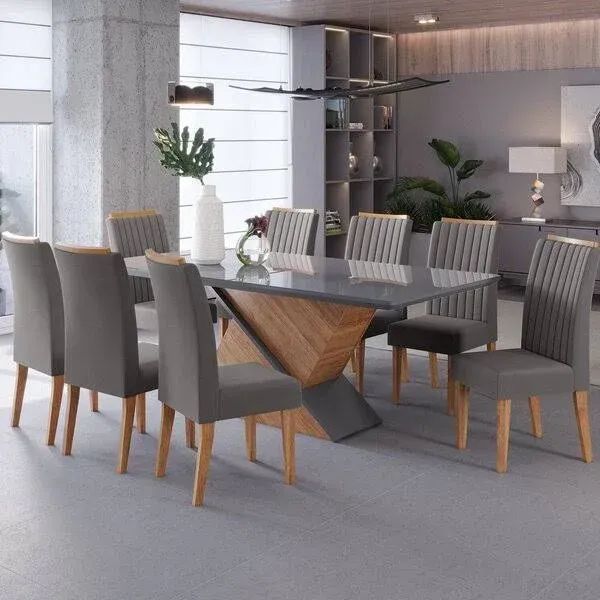 Mesa de Jantar com Tampo de Vidro e 8 Cadeiras Modernas Cinza