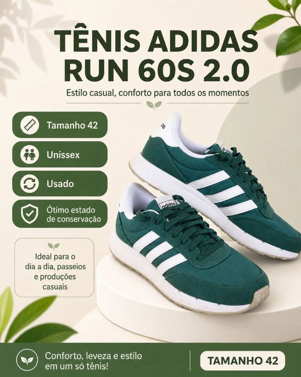 Tênis Adidas Run 60s 2.0 Verde - Tamanho 42 - Calçados - Jardins