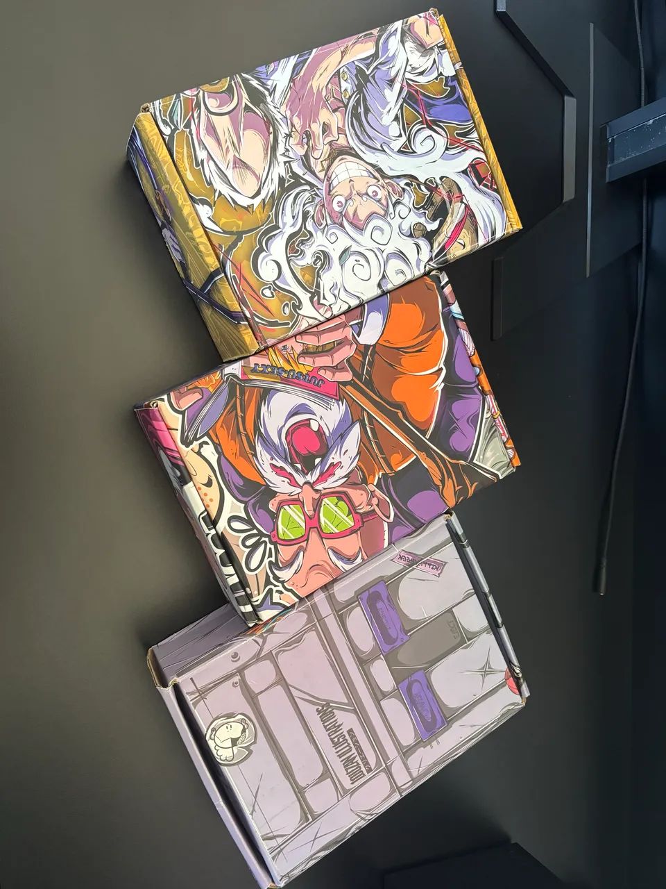 Três caixas decorativas anime one piece, dragon ball, nitendo
