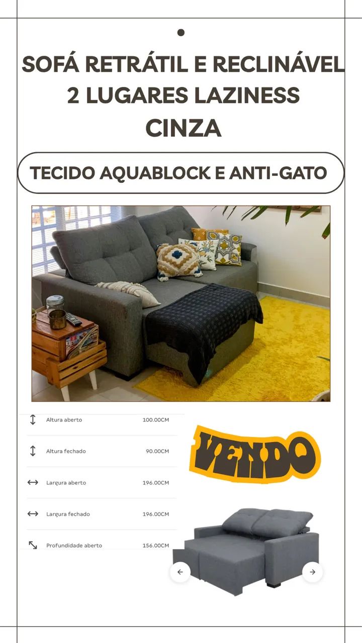 "Sofá 3 Lugares Retrátil e Reclinável Aquablock Cinza - Muito Conservado"