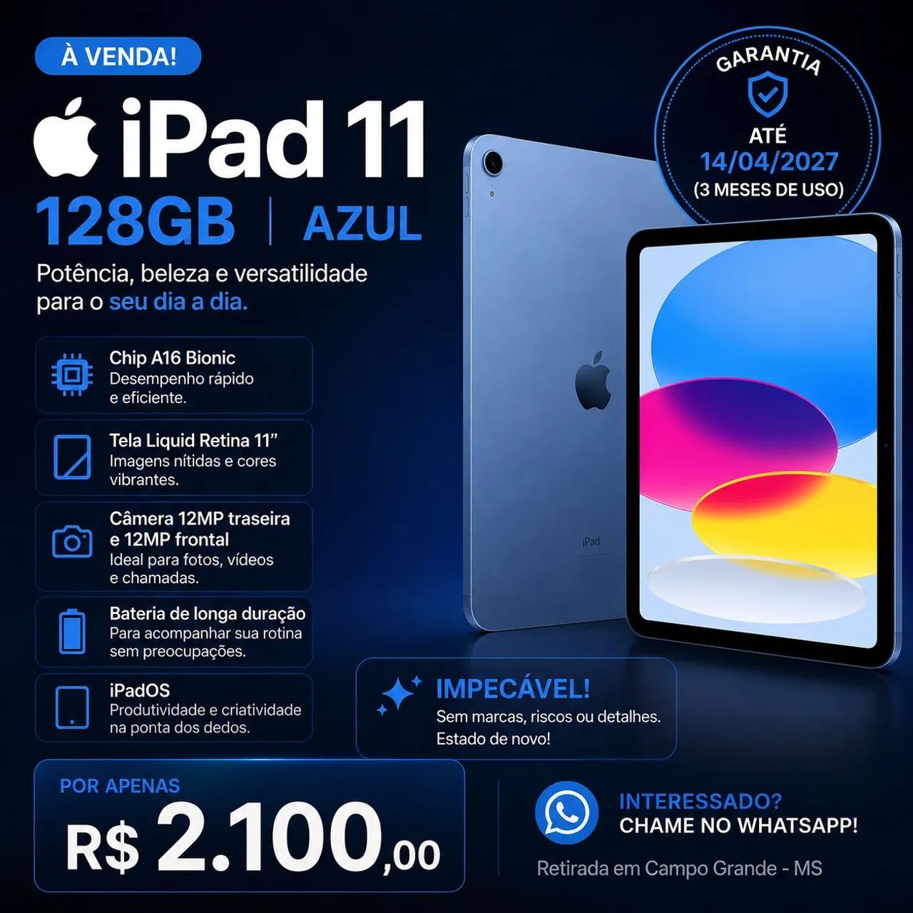 iPad 11 impecável, apenas 3 meses uso 