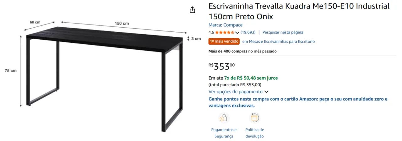 Mesa Industrial 150cm Preto Onix - Foto 2