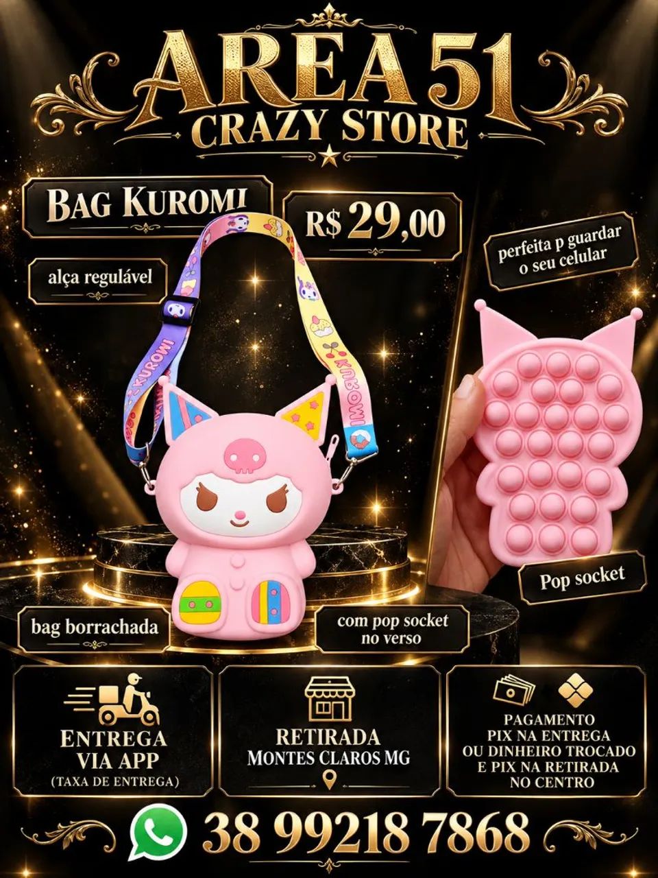 Bolsa silicone Kuromi regulável com pop socket  - Foto 4