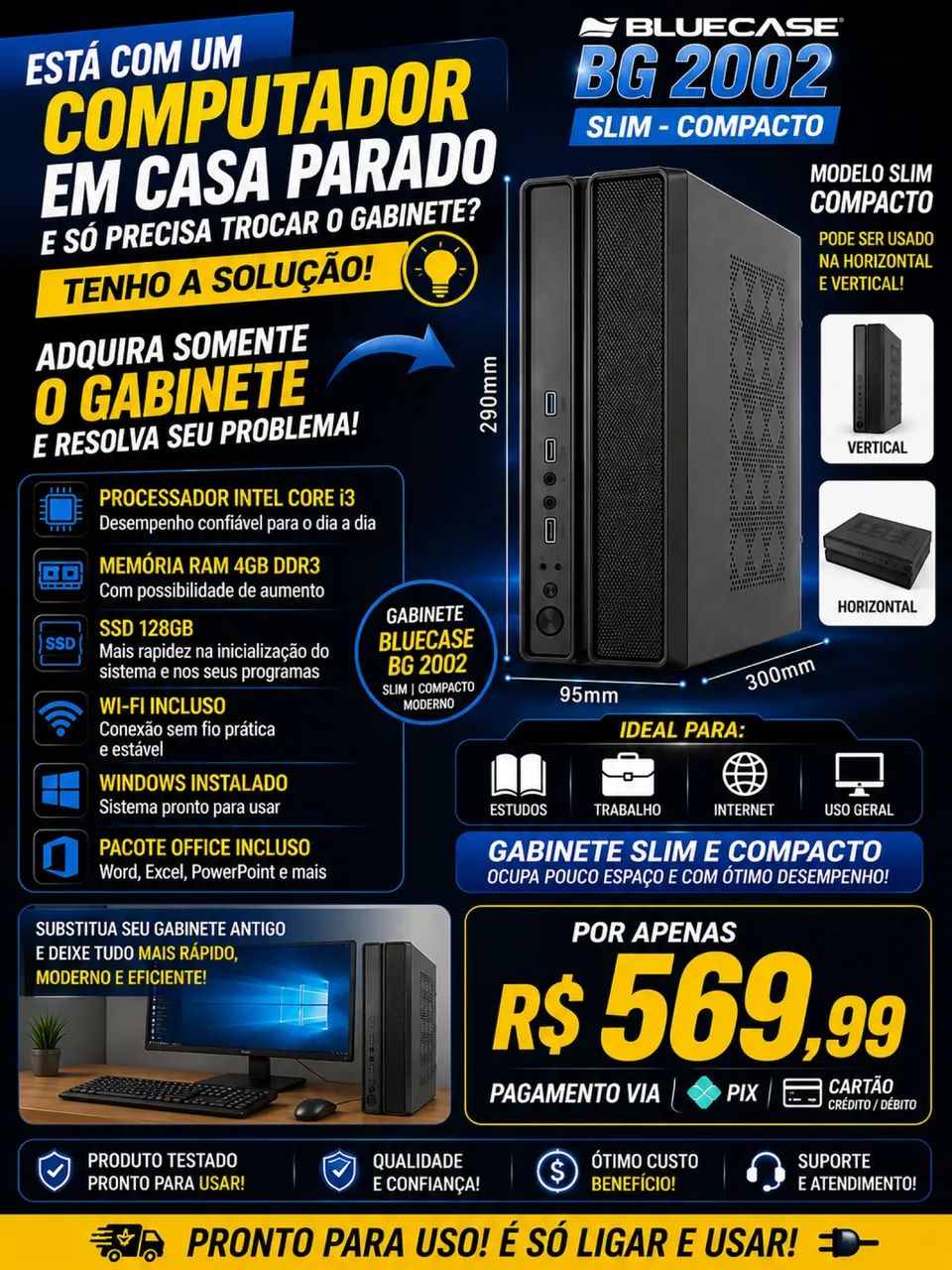PC Slim Compacto i3 + SSD 128GB + Wi-Fi