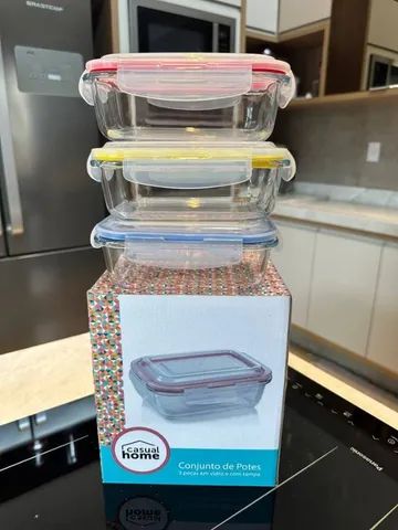 Conjunto de potes de vidro herméticos 640ml com respirador 3 unidades - Lacrado