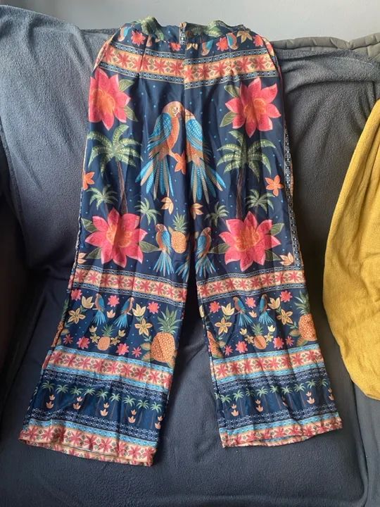 Calça de Seda Floral com Pássaros