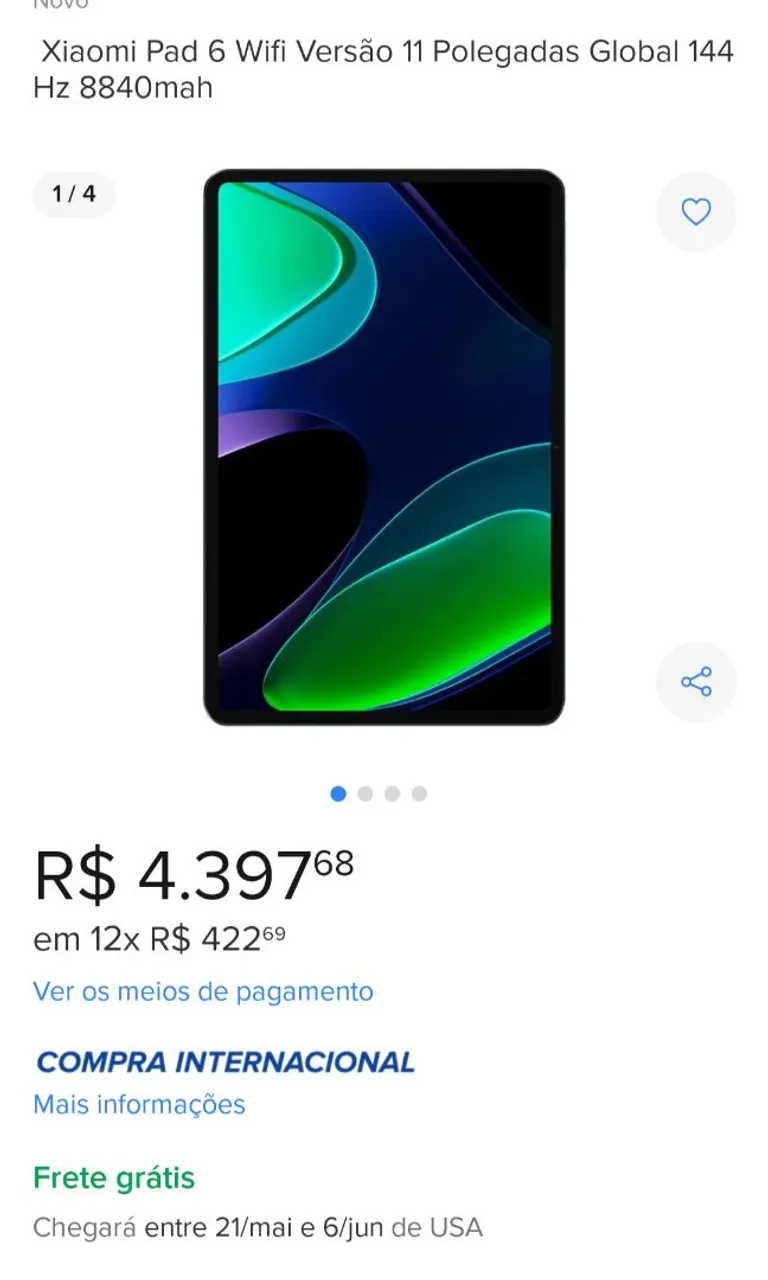 Tablet Xiaomi Pad 6 novo 8gb 256gb