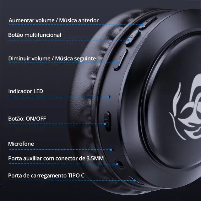 Fone De Ouvido Sem Fio Bluetooth Led Headset Gamer Preto - Foto 5