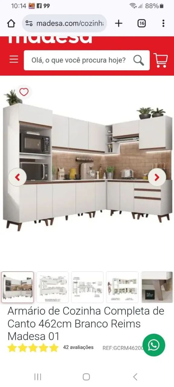 Armário de Cozinha Completo Canto 462cm Branco Reims Madesa 01