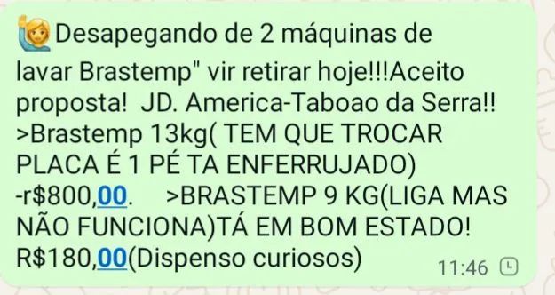 2 Máquinas de Lavar Brastemp - Uma funcionando e outra para peças