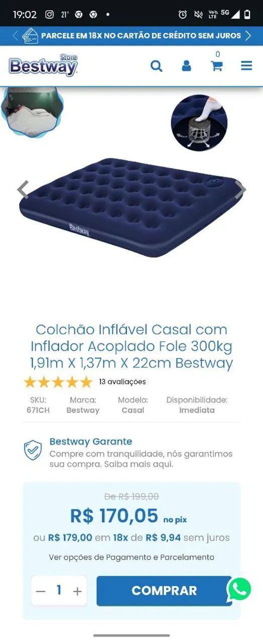 Colchão Inflável Casal Bestway - 1,91m x 1,37m