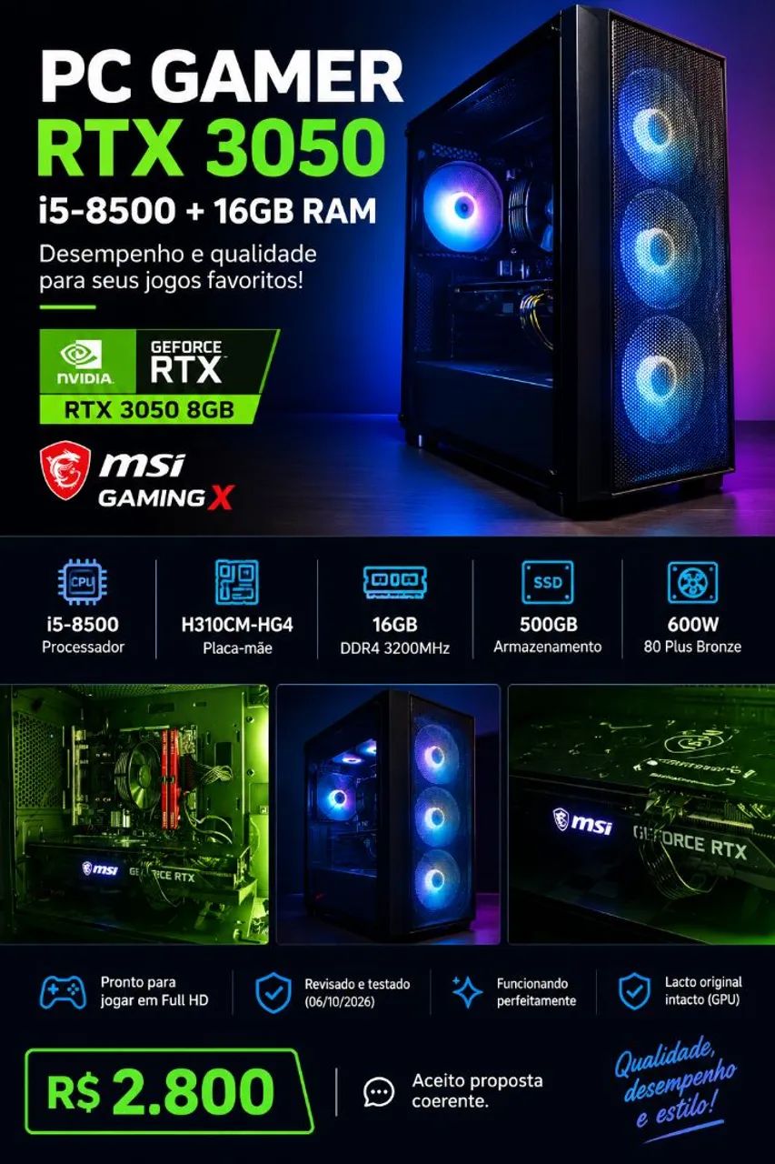 デスクトップPC Core i5-8500, RTX 3050 8GB PC Gamer, i5 16GB 3200Mhz RTX 3050 8GB Gaming X - Computadores e