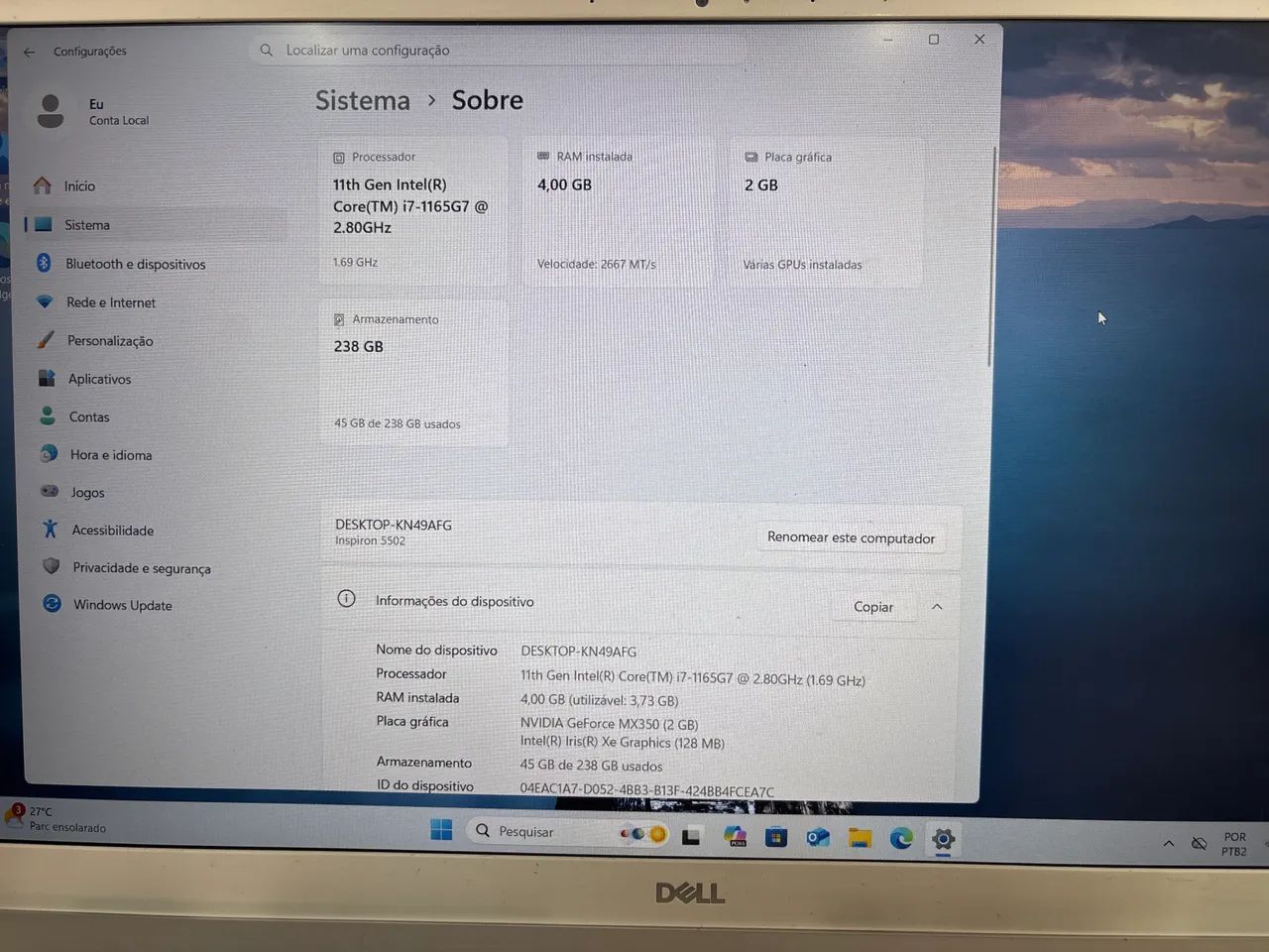 Notebook Dell Inspiron 5502 I7-11