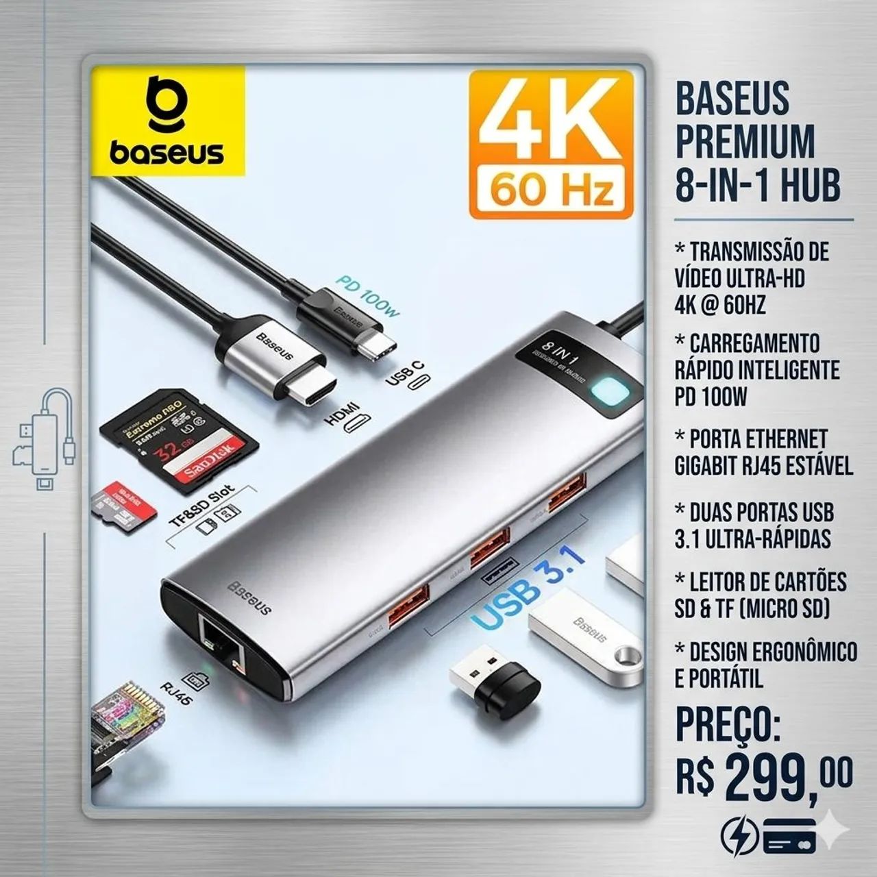 Hub Usb C Ideal Para MAC Baseus 8 Portas (Original e Lacrado)