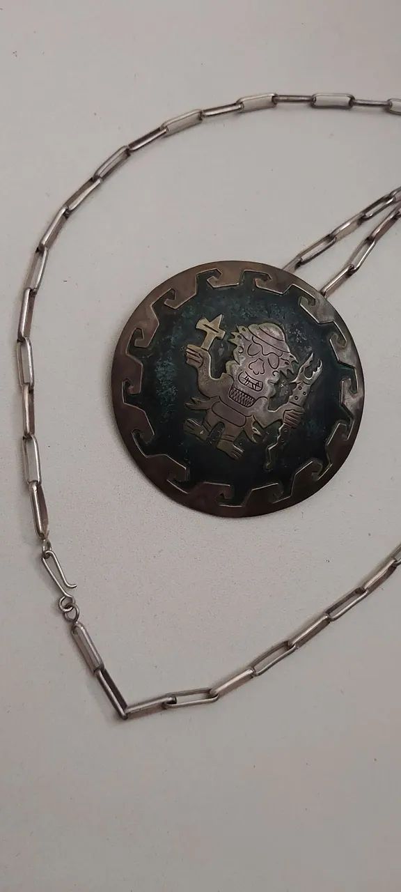 Jóia peruana prata 925 antiga - colar + medalhão  - Foto 5