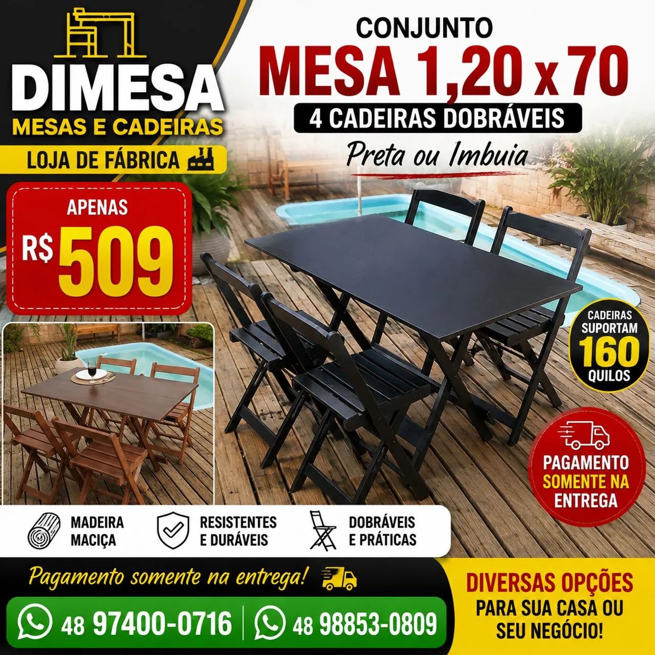 1,20x70 jogo mesa + 4 cadeiras 