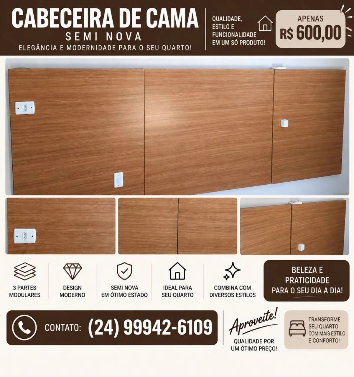 Cabeceira de Cama 3 Partes Semi Nova