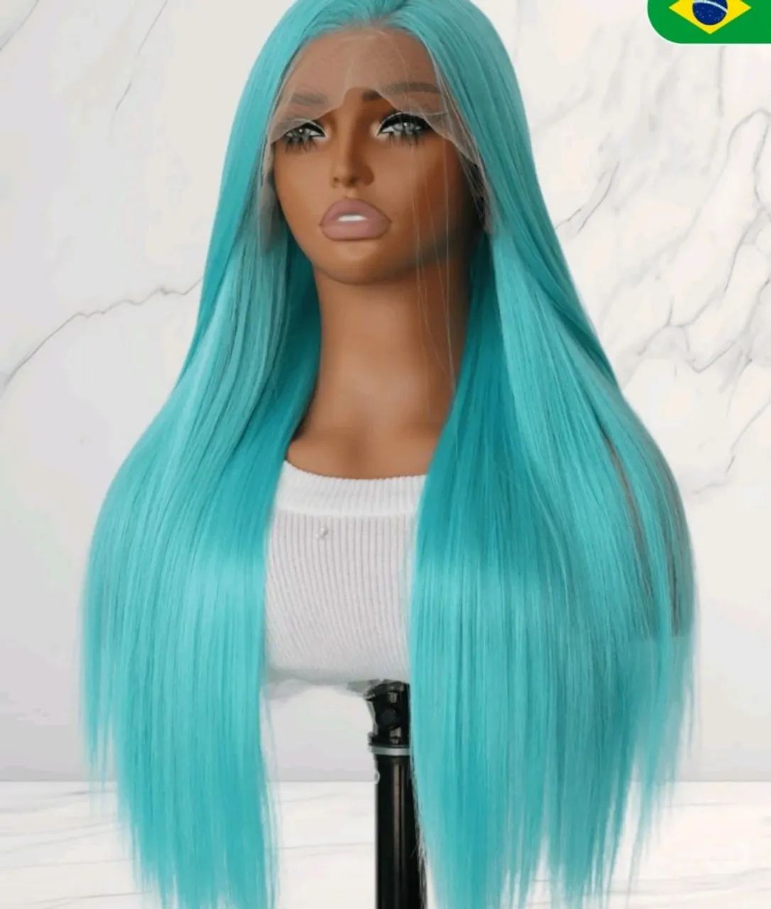 SALLYWELL Peruca de renda frontal sintética azul menta de 24 polegadas, cabelo liso - Foto 5