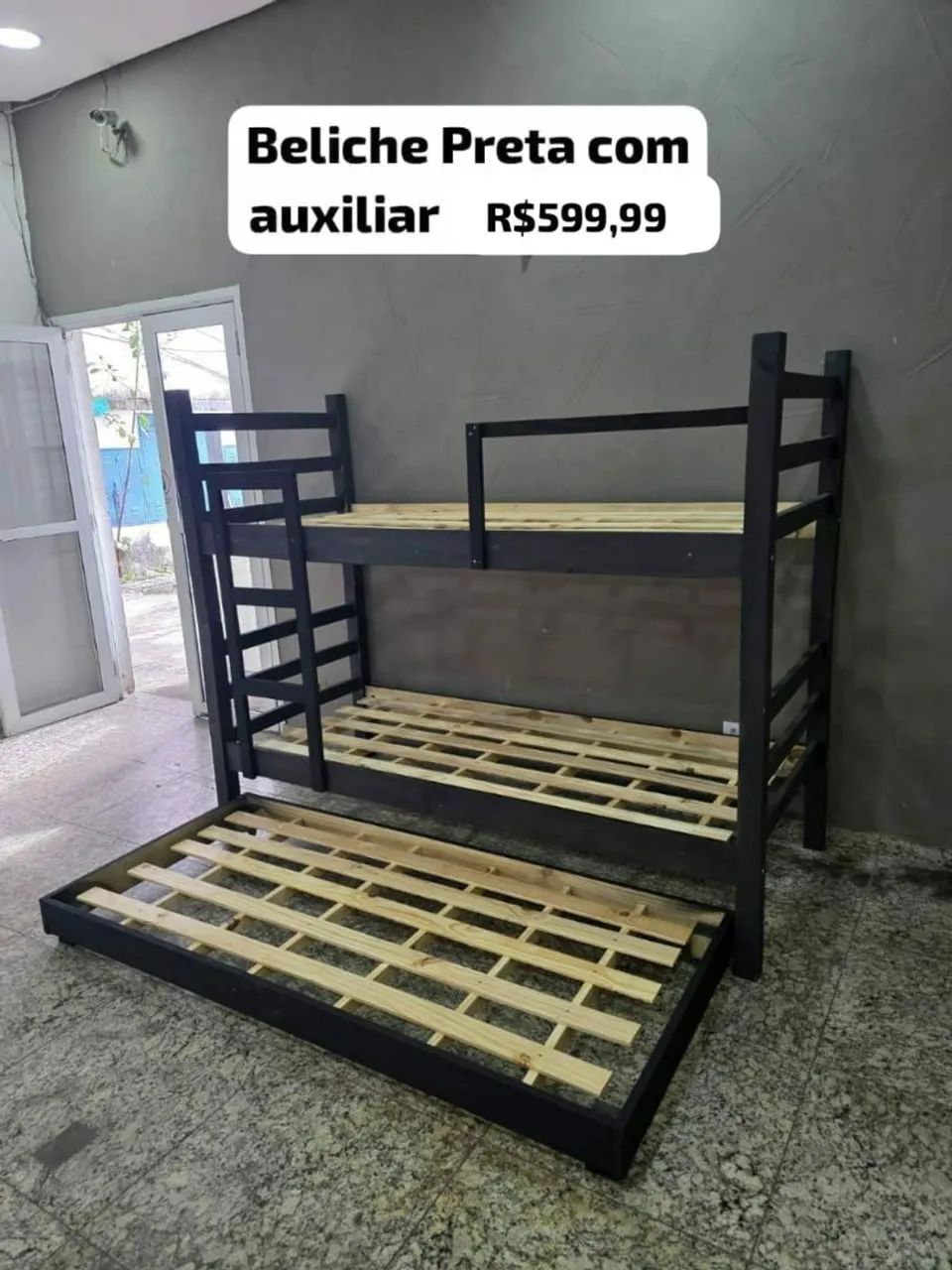 Beliche com cama auxiliar  de Madeira Maciça de Eucalipto em rústico tratado. <br> - Foto 3