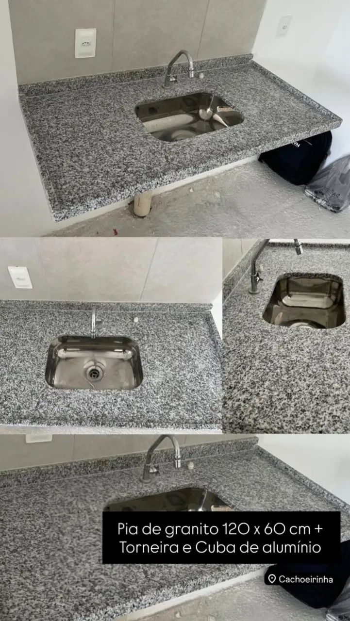 Pia de granito 120 x 60 cm + Torneira e Cuba de alumínio