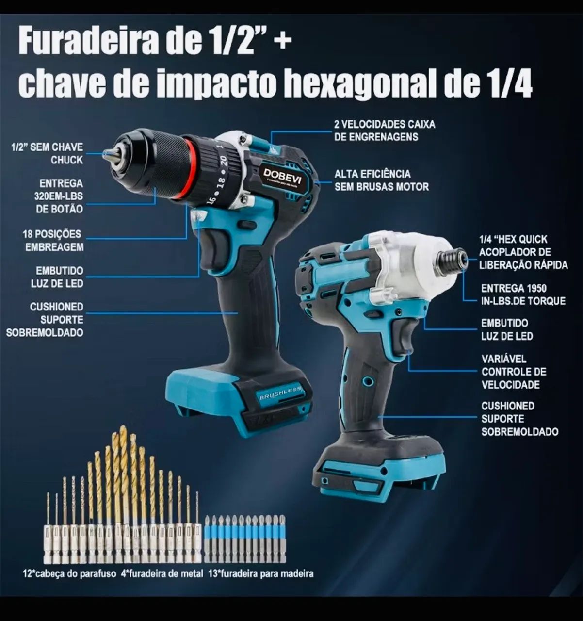 Kit parafusadeira chave impacto DOBEVI+36 acessórios  - Foto 2