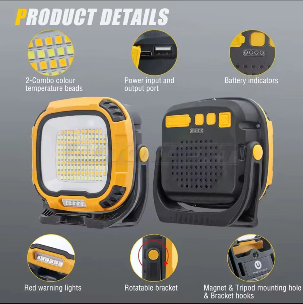 Refletor portátil- 30W, 4 Níveis, Luz Vermelha, Suporte Magnético - Amarelo - Foto 5