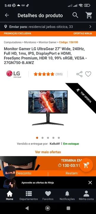 Monitor Gamer LG UltraGear 27'' 240Hz Full HD