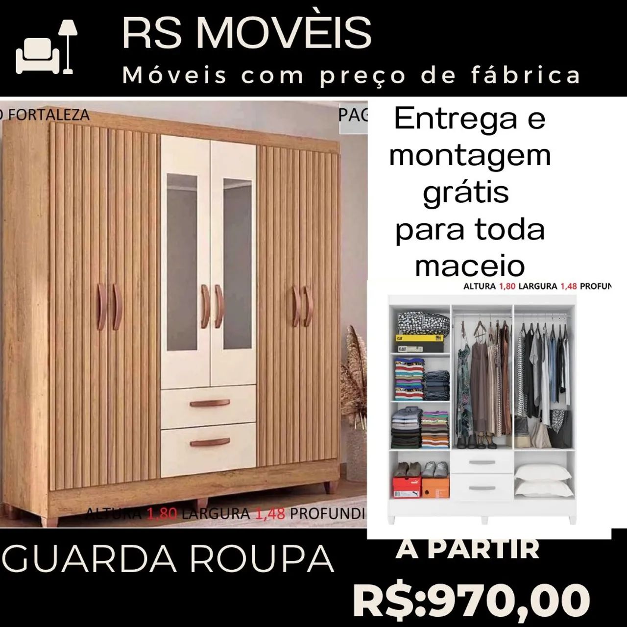 Guarda Roupa 3 Portas de Correr 1,80m - RS Móveis