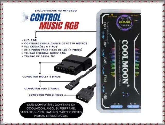 Controladora Rgb hibrida 6 pinos Coolmoon com controle