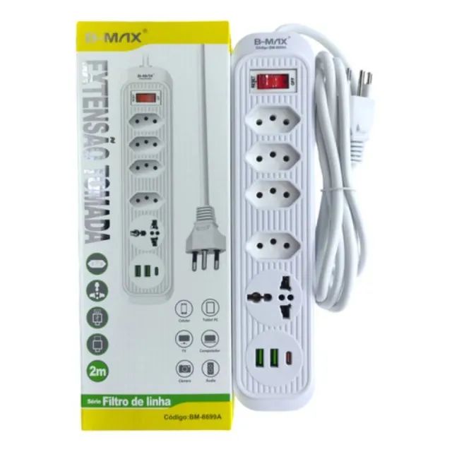 Extensão Filtro De Linha 5 Tomadas 2 Usb 1 Tipo C Universal