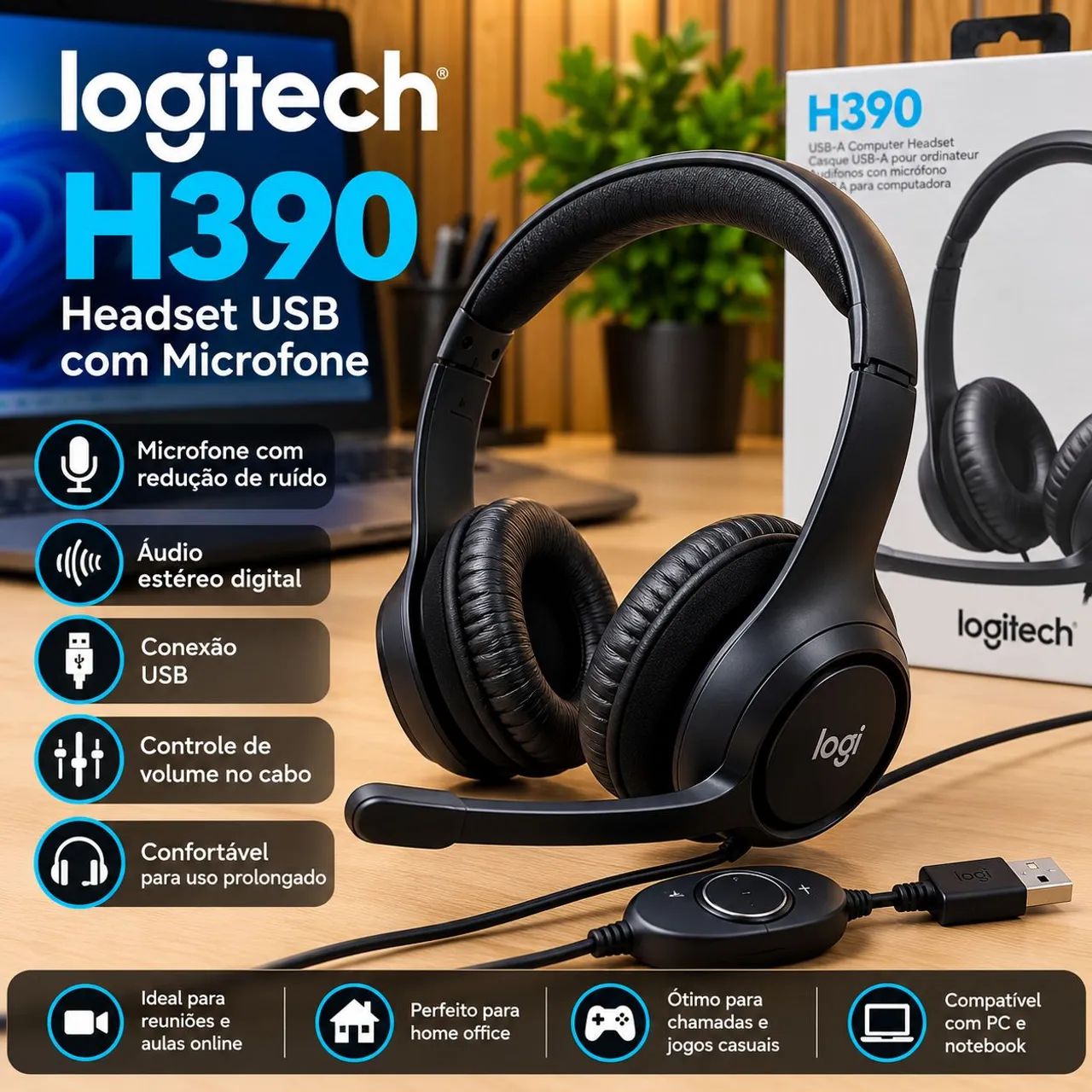 Headset Logitech H390 USB com Microfone - Excelente estado