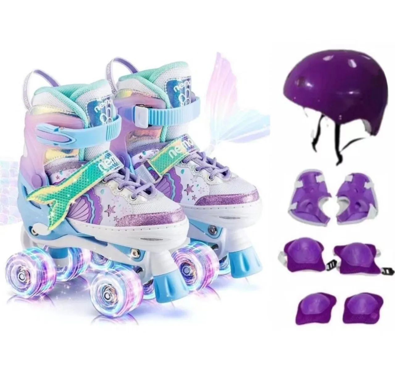Patins 4 Rodas ARCO ÍRIS Com Luz De Led E Glitter Top