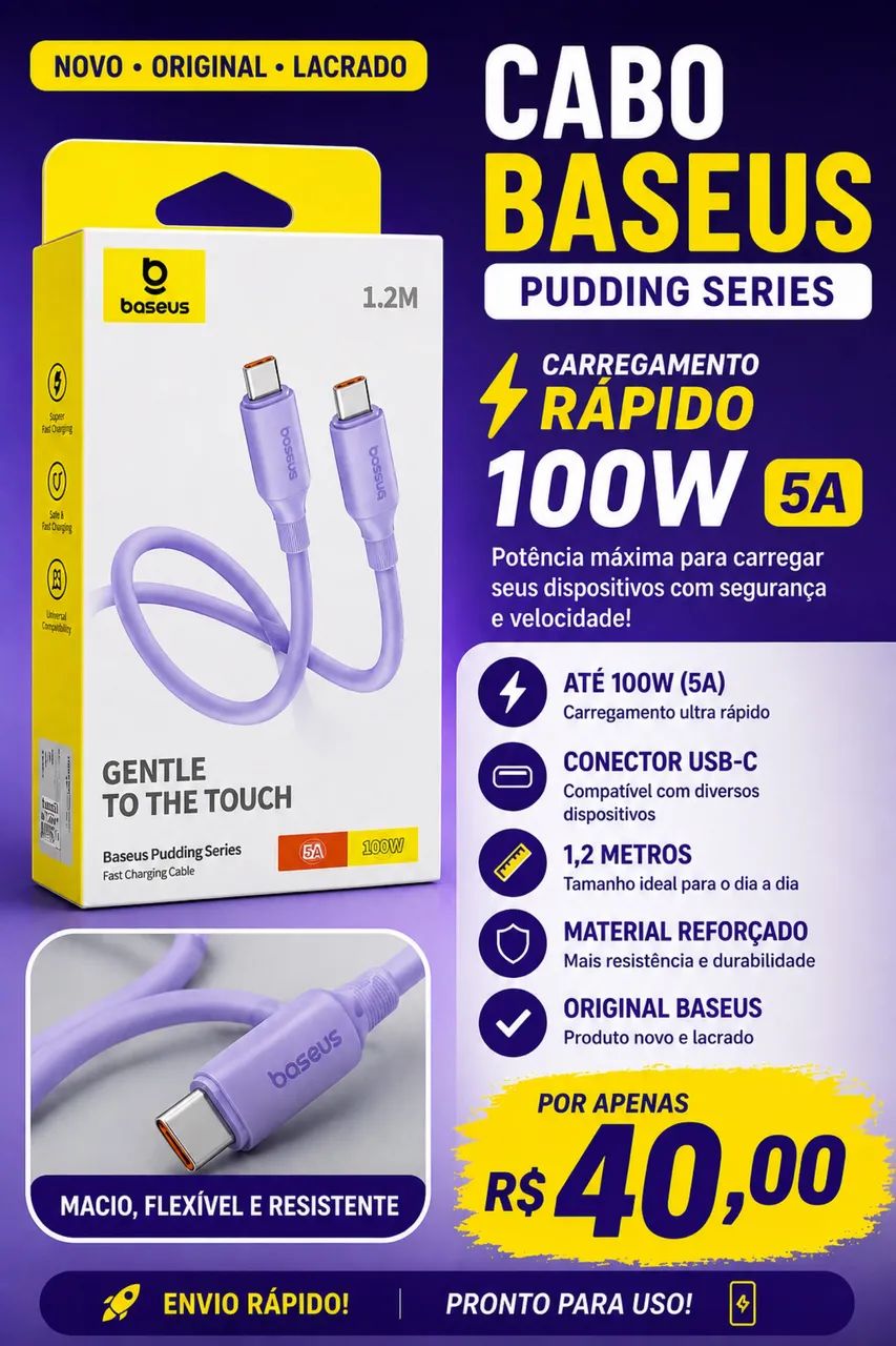 Cabo Baseus 100W 5A USB-C, iPhone 15,16,17 - Foto 6