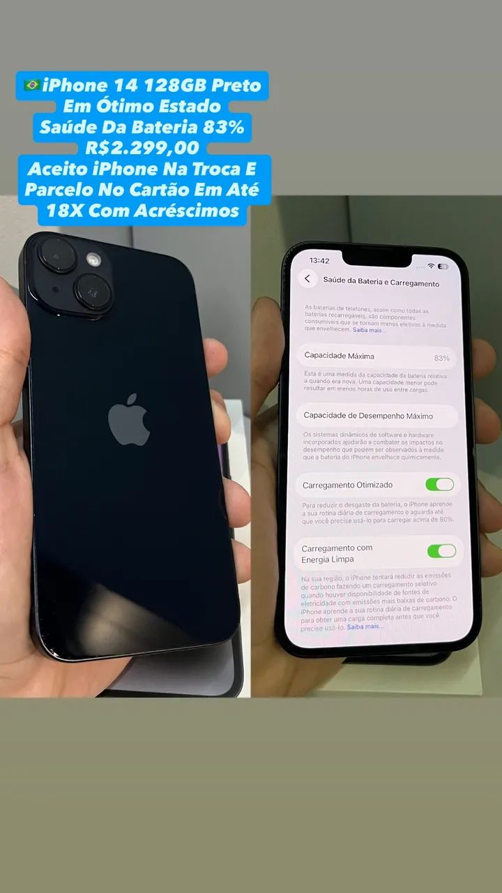 iPhone 14 128GB Preto - Saúde Da Bateria 83% (Usado)