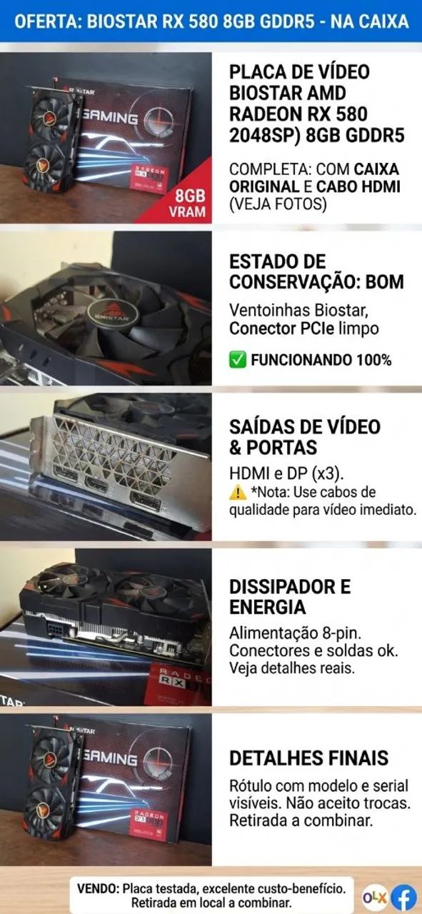 Placa de Vídeo Biostar Radeon RX 580 8GB (Com Caixa e Teste)