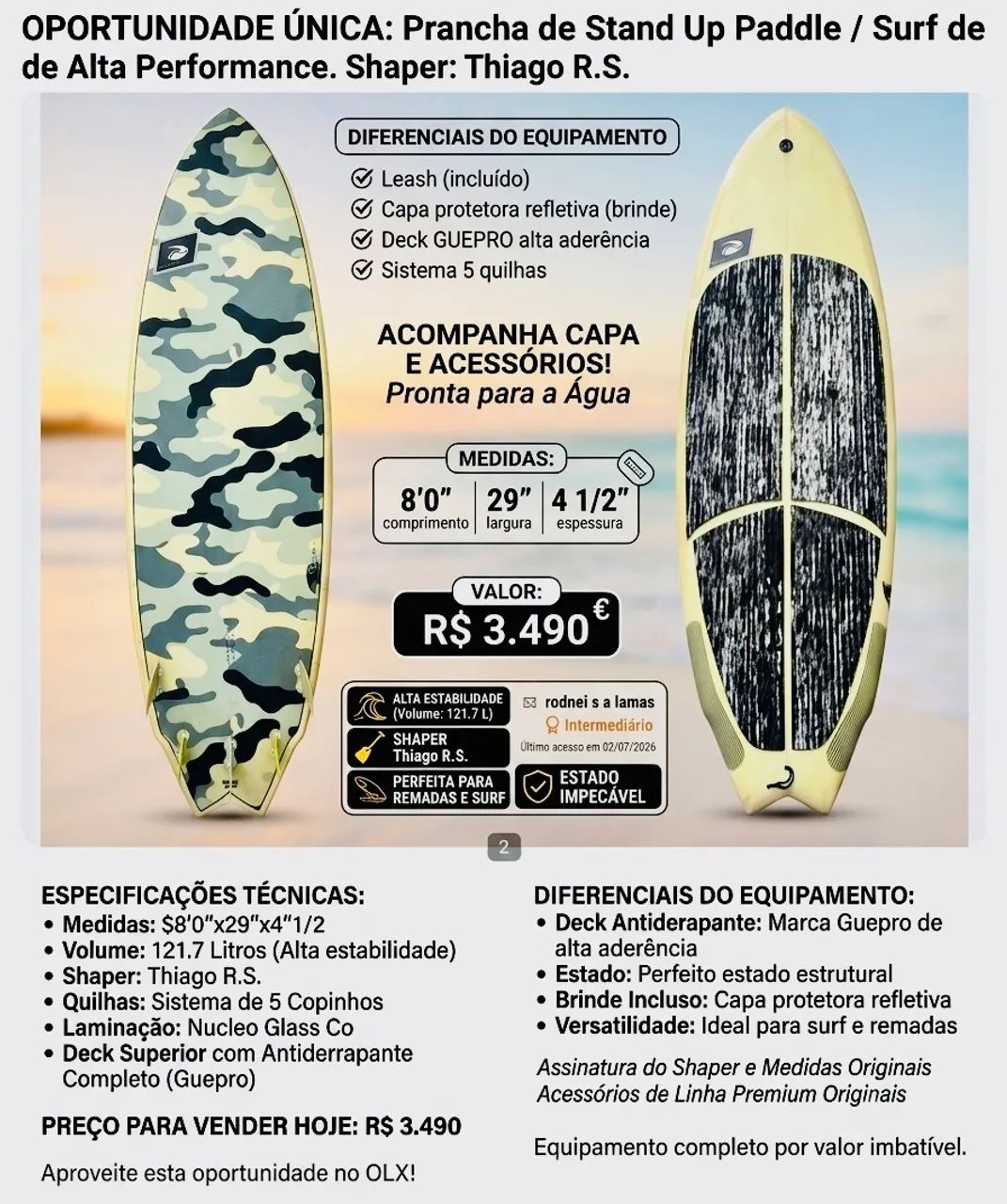 Stand Up Paddle Reaglan Núcleo Glass 8.0 x 29 | Capa + 4 Quilhas