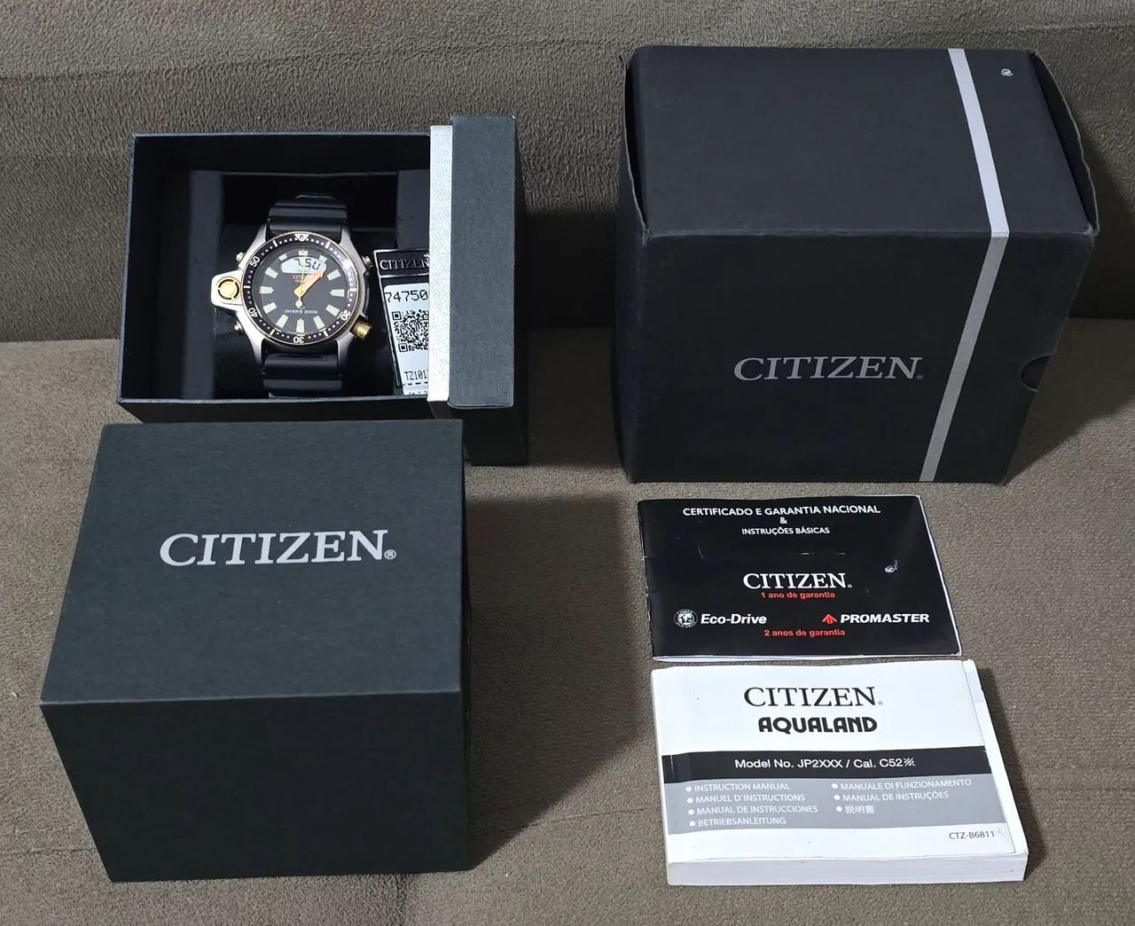 RELÓGIO CITIZEN AQUALAND RELANÇAMENTO JP2004 SÉRIE OURO ZERADO, NA CAIXA COM MANUAIS 