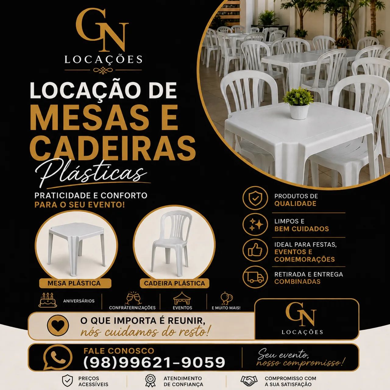ALUGAMOS MESAS, CADEIRAS, TAMPÕES E TOALHAS 