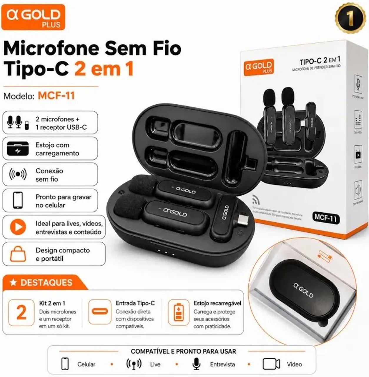 Microfone de Lapela Sem Fio Duplo a'Gold Plus MCF-11 (Tipo-C 2 em 1) Profissional