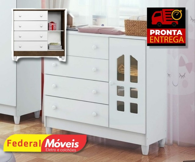 Cômoda de Bebê 4 Gavetas com Fraldário Selena Branco Brilho Carolina Baby<br>