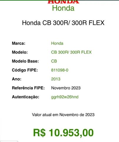 Tabela FIPE Código 811098-0 Honda CB 300R/ 300R FLEX