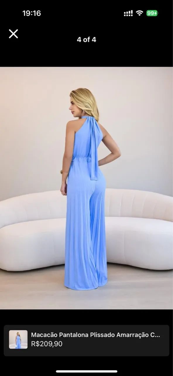 Macacão Pantalona Plissado Azul com Amarração - Foto 3