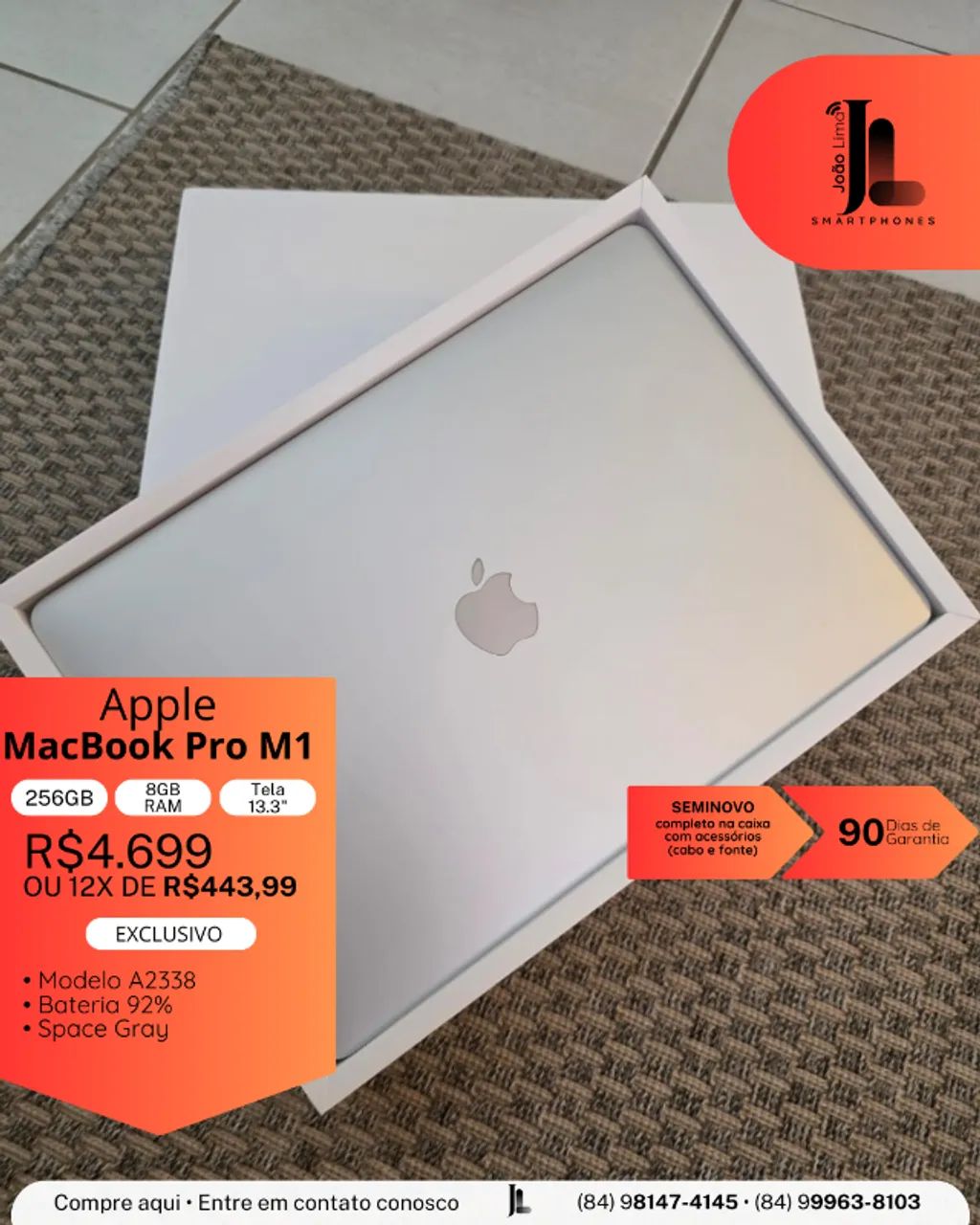 MACBOOK PRO M1, 256GB, 8GB RAM, TELA 13.3 POL., SEMINOVO