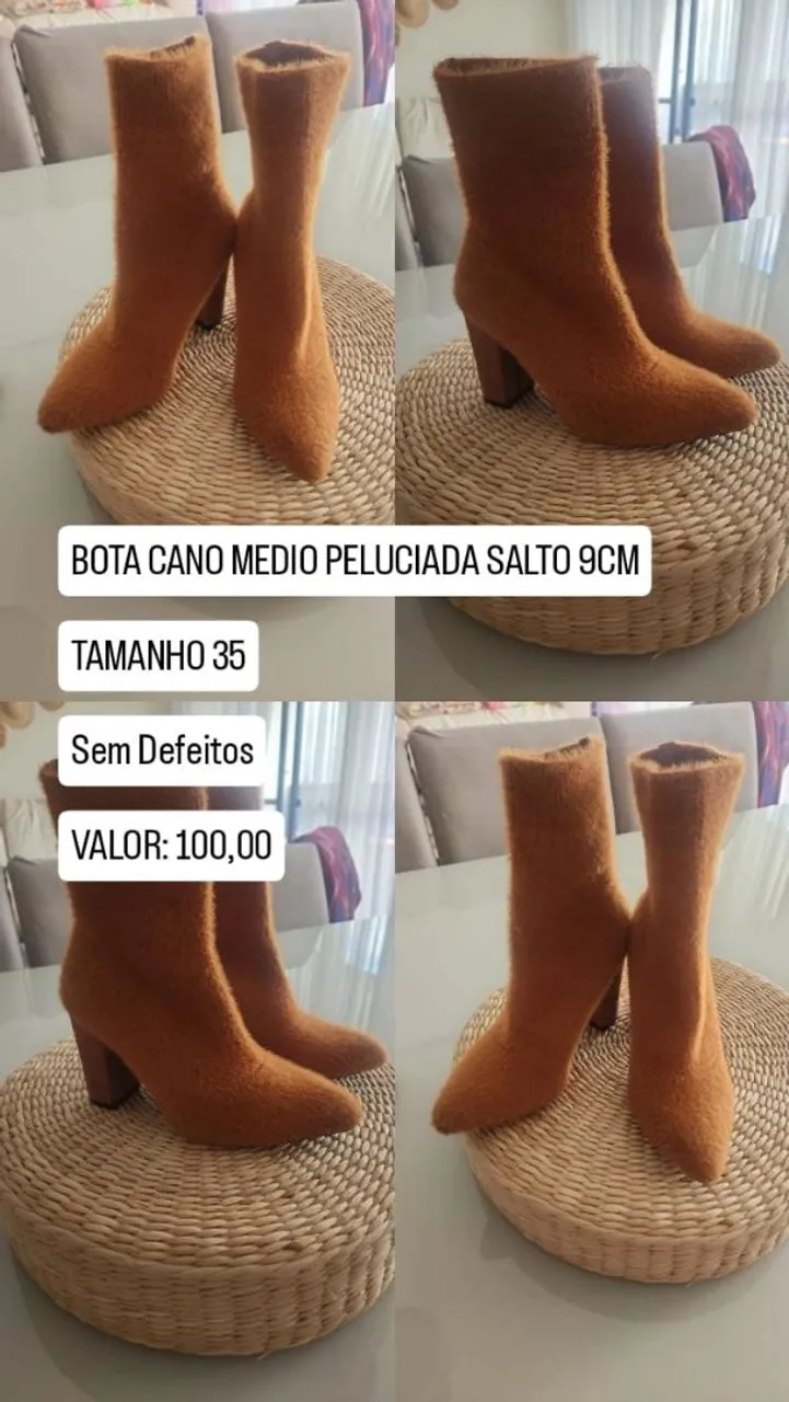 Bota Cano Médio Peluciada Salto 9cm - Tamanho 35