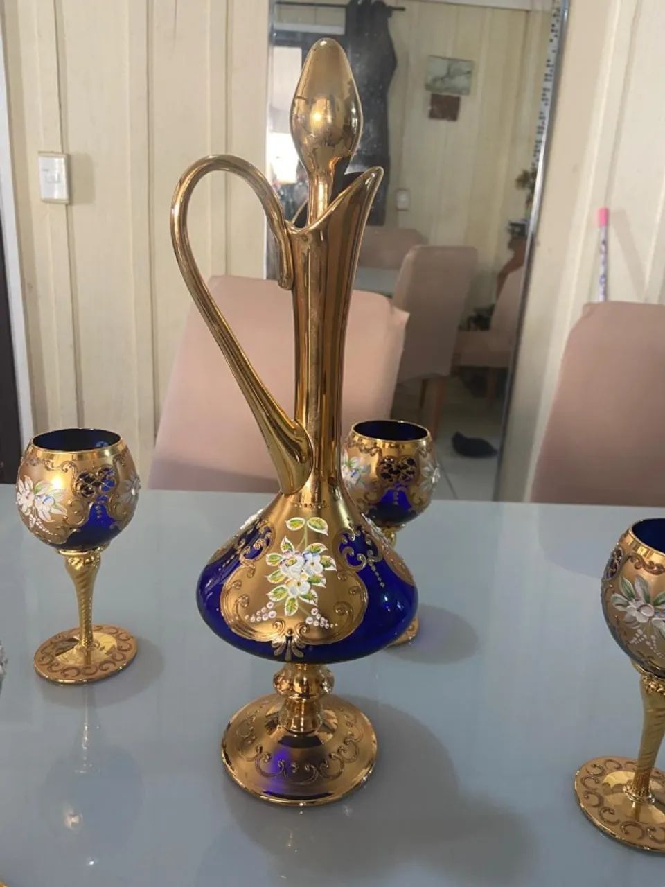 Decanter para vinho com 5 taças banhados a ouro 24k murano 