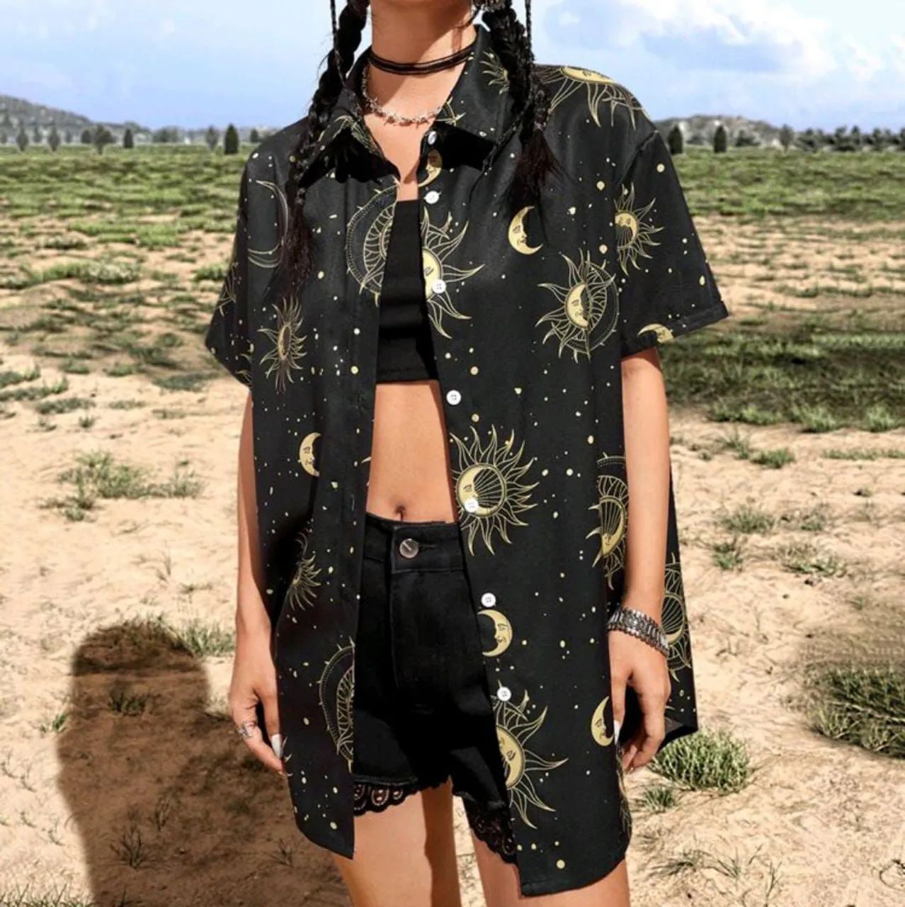 Camisa de botão estampa lua e sol