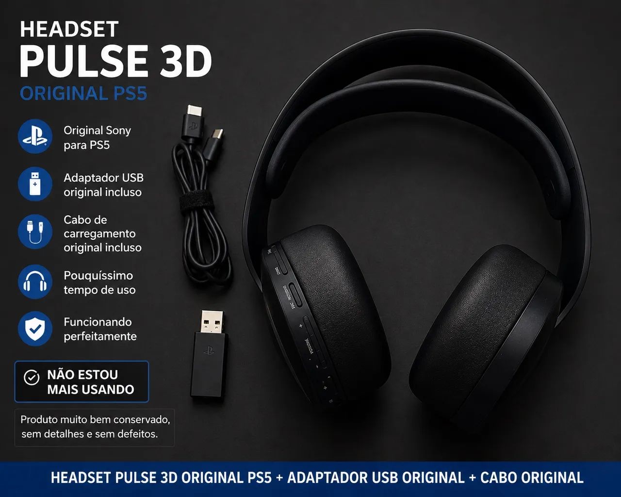 Headset Sony PULSE 3D Original PS5 + Adaptador USB + Cabo Original