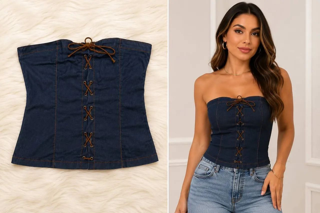 Blusa tomara que caia jeans 