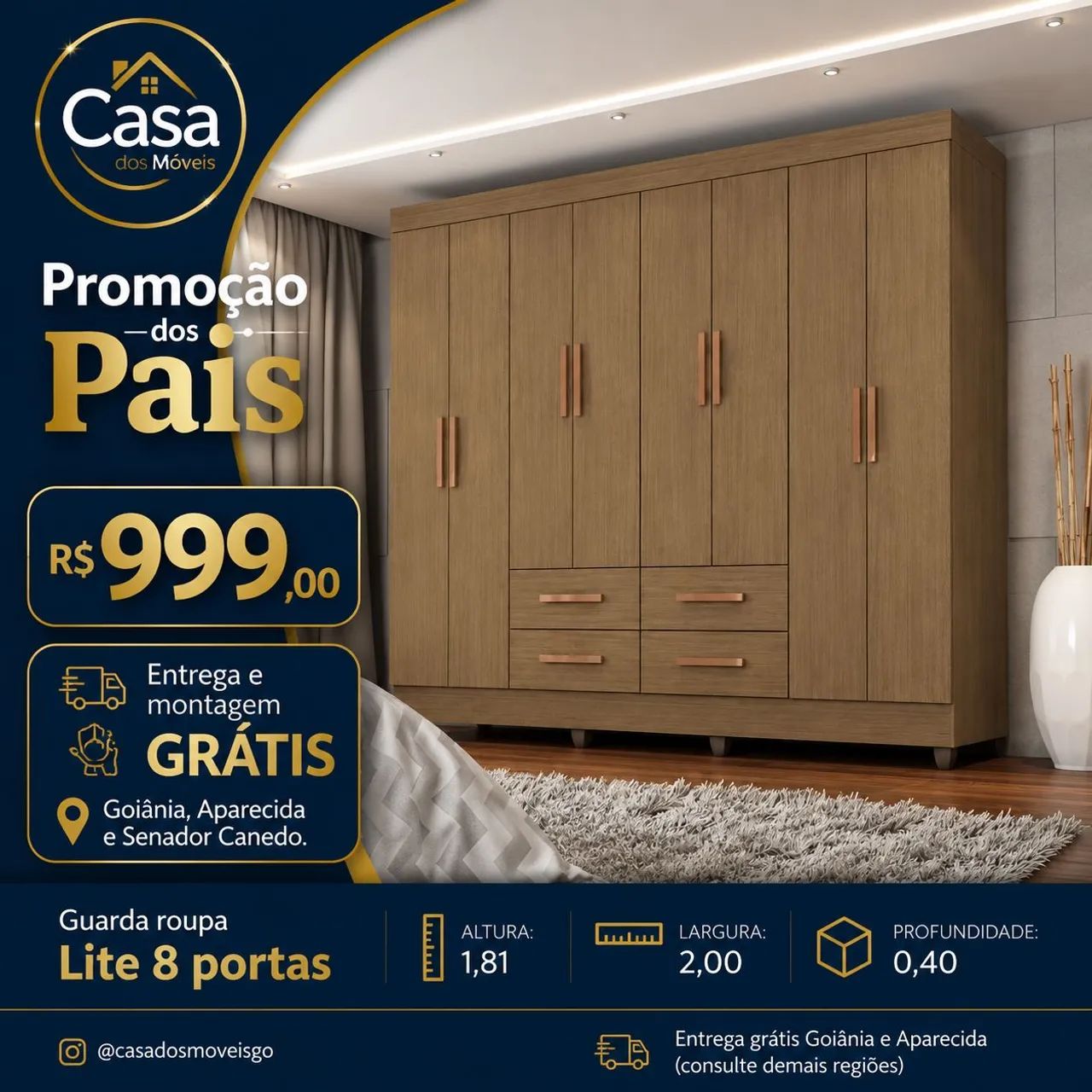 Roupeiro Carvalho Lite - Montagem grátis 