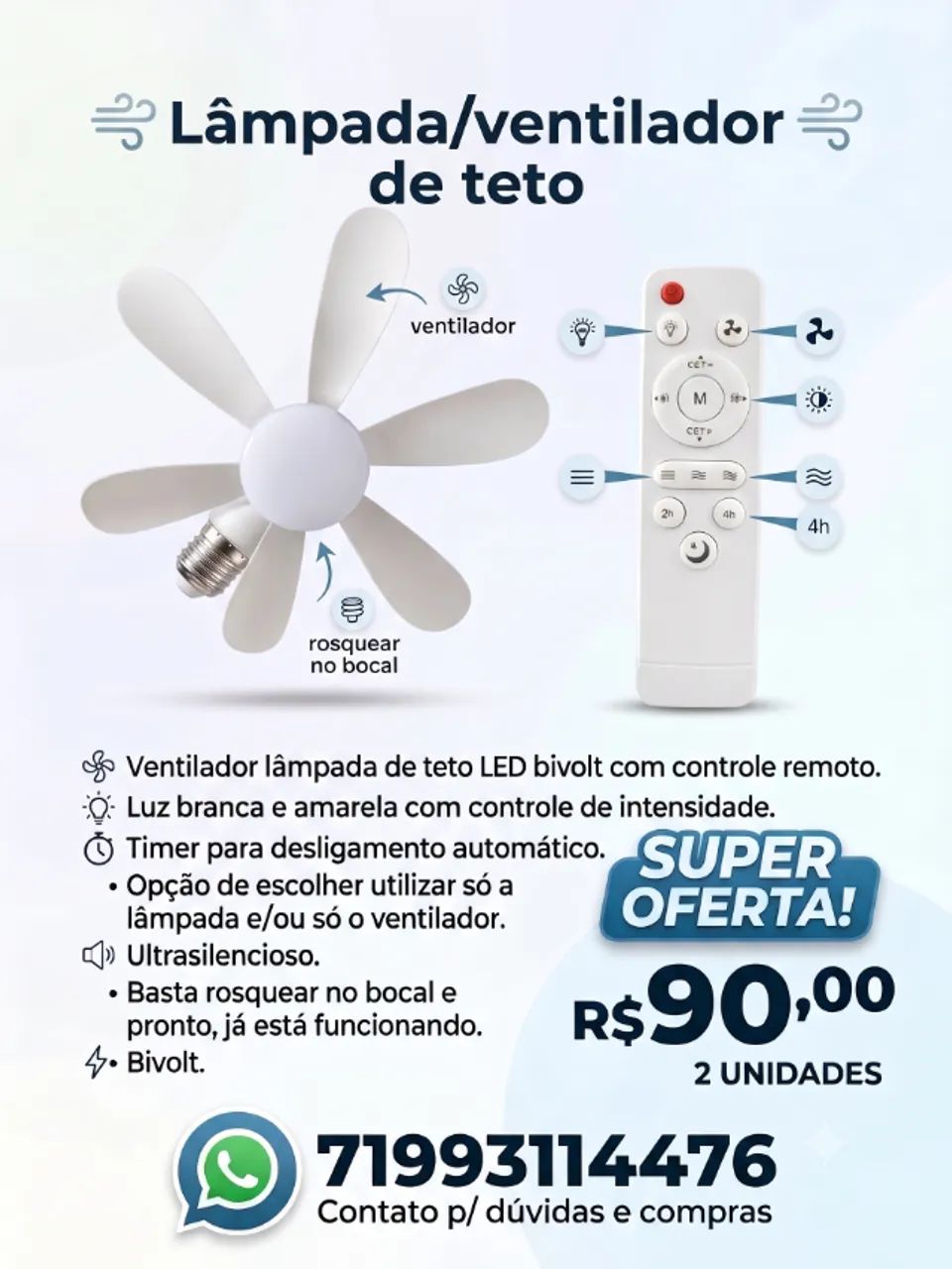 Ventilador/Lâmpada de Teto - Com controle